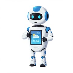 Fototapeta premium Friendly White And Blue Robot Showing Weather Forecast On Tablet