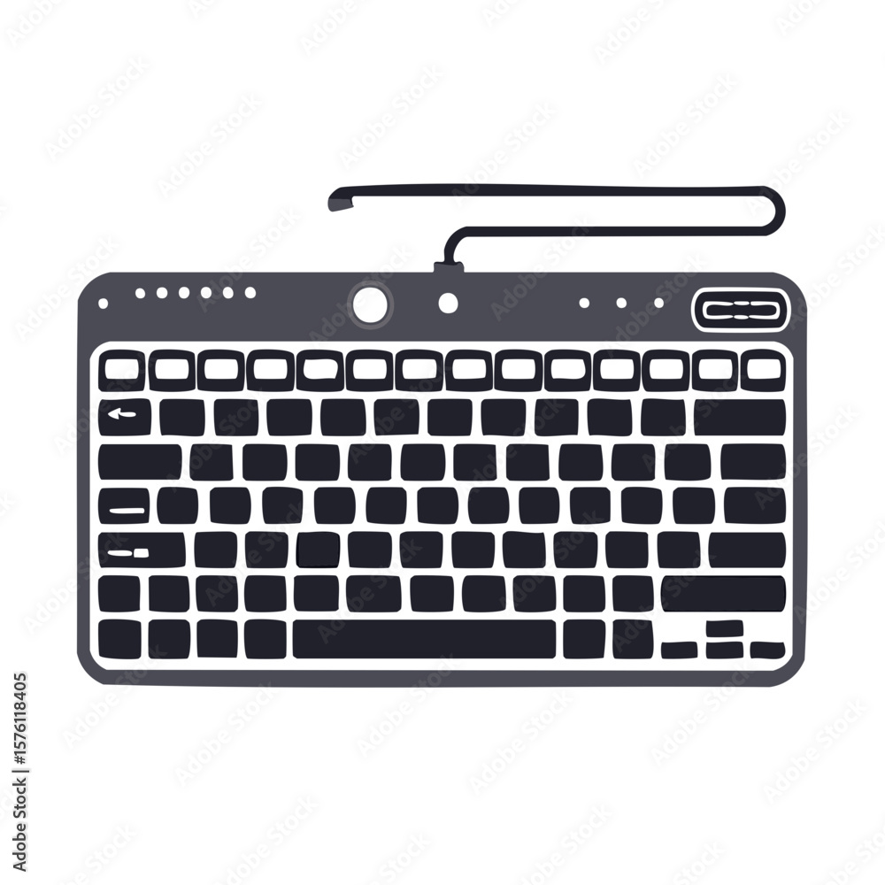 Poster computer keyboard illustration showing keypad and cable for typing on white