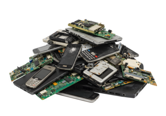 Pile of electronic waste such as mobile phones notebook isolated on white or transparent background. PNG