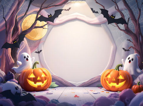  Halloween Scene with Pumpkins, Ghosts, and Spooky Decor