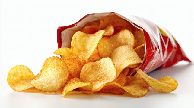 Close-up of a spilled bag of golden, crispy potato chips on a white surface.