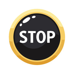 Shiny gold stop button with black filling and text symbol for warning or attention