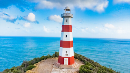 Red and White Lighthouse by the Ocean on a Sunny Day