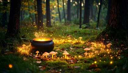 Witch's cauldron, glowing fungi, forest