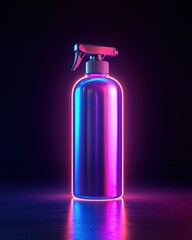 Canister spray substance A vibrant spray bottle with neon lighting, showcasing modern design aesthetics and colorful reflections.