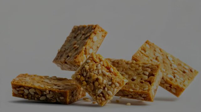 Flying Sesame Bars with Healthy Snack, and Food Photo.