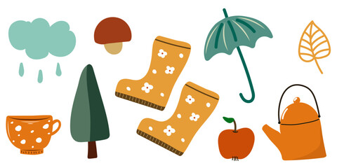 Autumn set for cozy rainy day. Cute autumn set with rubber shoes, umbrella, mushroom and apple.