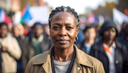 Woman at a protest, serious expression