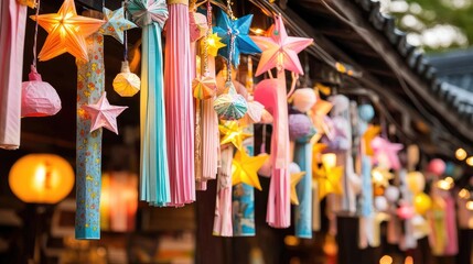 Colorful Paper Lanterns and Stars Hanging Decoration at Festival