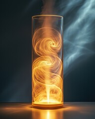 Canister spray substance An artistic representation of swirling energy in a glass cylinder, showcasing vibrant colors and dynamic motion.