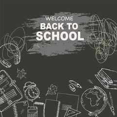 Black and white hand-drawn mock-up on a school theme with school supplies in the sketch style.