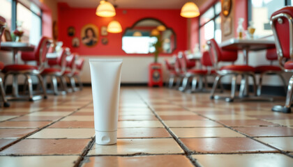 realistic image of a product placed on rough tile floor in a retro diner