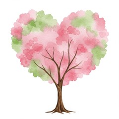 Heart Shaped Watercolor Tree with Pink and Green Leaves