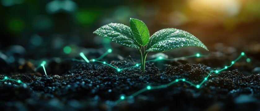 A young plant sprouts from the soil, illuminated by digital growth lines.