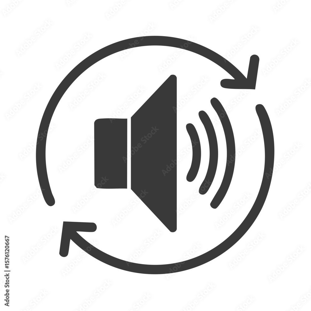 Poster sound speaker volume symbol with round arrows for repeat and continuous playback