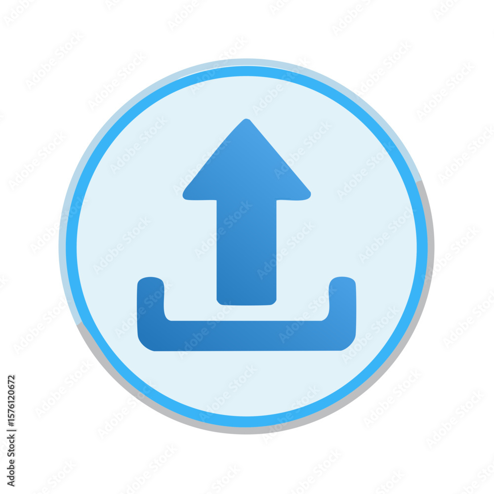 Poster blue upload icon inside round button signaling uploading data and files online for website designs a