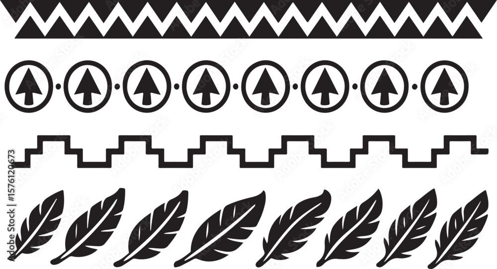Poster collection of indigenous american inspired graphic design elements featuring a zigzag border circula