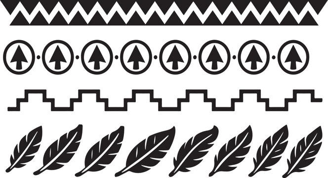Collection of indigenous american inspired graphic design elements featuring a zigzag border circular arrow motifs step pattern and feather illustrations in black and white
