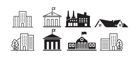 Obraz premium Set of Modern Industrial and Commercial Building Icons in Black and White. Victor illustration eps10
