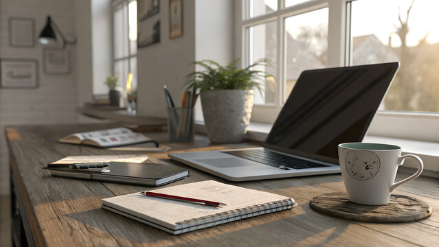 A cozy home office desk bathed in warm morning sunlight, featuring a laptop, notebook, pens, and a coffee mug, creating an inviting and productive workspace