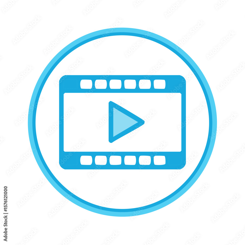 Poster stylized media play button graphic in blue circle frame for user interface design