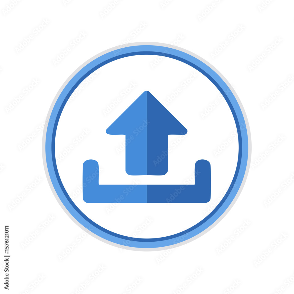 Poster blue upload icon vector art depicting file transfer sign in circle frame with arrow and tray design 