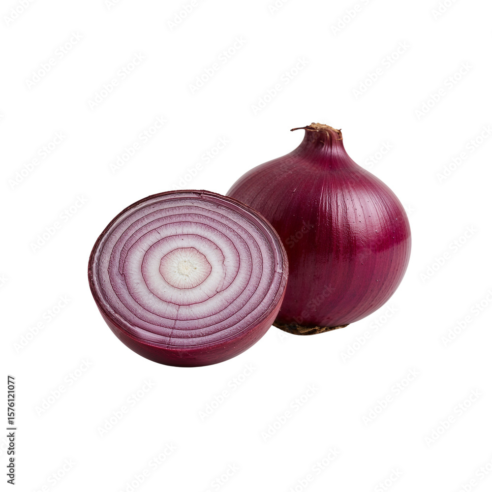 Poster studio shot of a whole and cross-sectioned red onion with a transparent view
