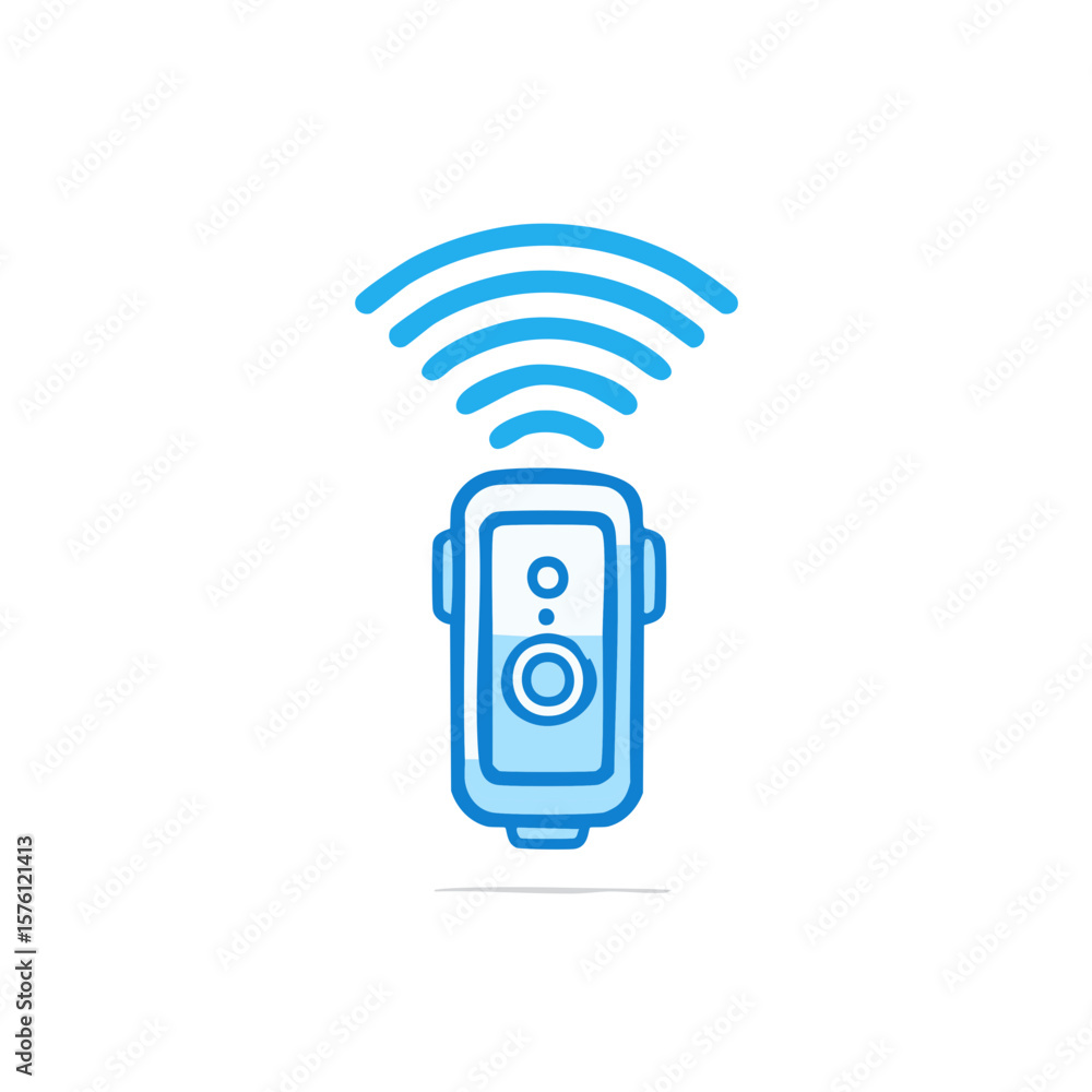 Poster stylized wireless remote control with circular button and antenna signals in light blue