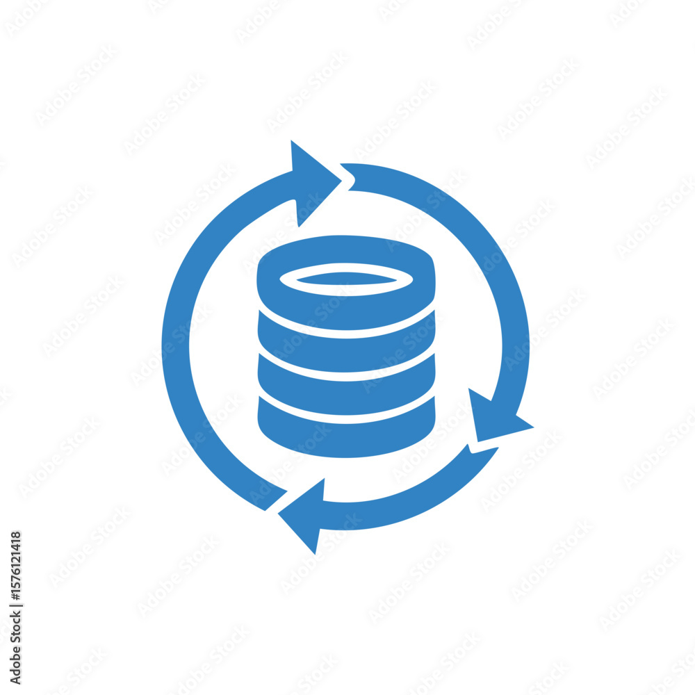 Poster rotating database icon with circular arrows, system update, blue on white