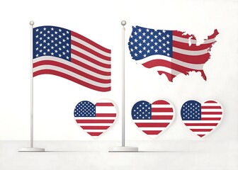 Fototapeta premium American flag waving and map with heart shapes united states
