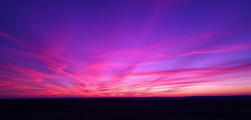 Twilight hour, vibrant purple sky over tranquil landscape,  calm,  atmosphere