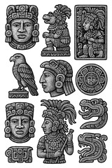 Ancient Mayan Culture Objects Transparent PNG, Tribal Masks, Glyphs, Temples, Calendars, Antique Mesoamerican Artifacts, Vintage Illustration, Retro Engraving Style, Isolated Clipart Collection