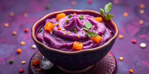 Whimsical purple mashed sweet potato dessert in a fantastical bowl, vibrant colors, digital art, purple dessert, adorable