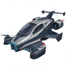 Futuristic Silver Flying Car with Blue Neon Lights