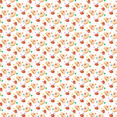 Playful seamless pattern of cream-filled donuts topped with cherries on vibrant colorful background