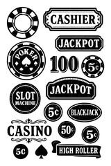 Obraz premium Vintage Casino and Gambling Icons Transparent PNG, Poker Chips, Slot Machine Symbols, Playing Cards, Jackpot Signs, Retro Engraving Style, Vegas Gambling Clipart, Isolated Black and White Set