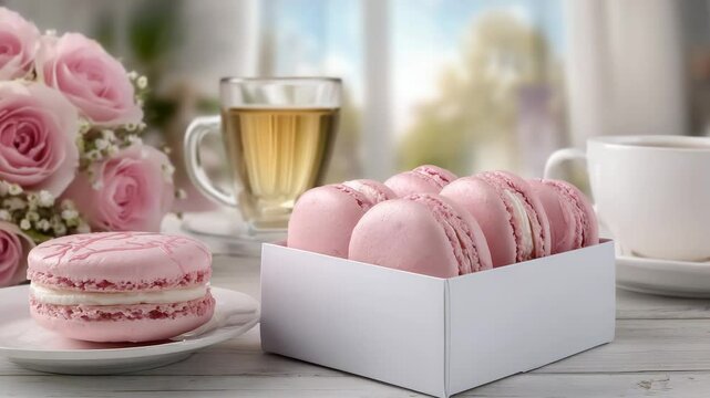 A delicate breakfast with pink macarons, a bouquet of roses and tea by the window. Ideal for romantic moments. Exquisite macarons in a gift box and on a plate create an atmosphere of coziness.