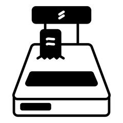 Solid filled icon of a cash register with a receipt, ideal for representing retail operations, payment processing, or commercial transactions.