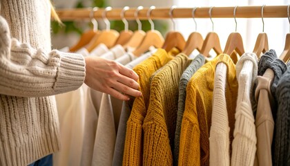 Woman browsing colorful clothes on wooden hangers