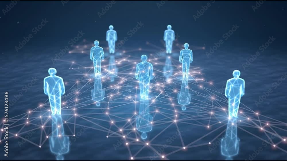 Poster digital network connection with glowing human figures linked by light points symbolizing futuristic 