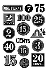 Vintage Currency Numbers and Cents Signs – Old Style Money Labels, Dollar and Cent Typography – Transparent Background