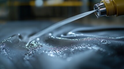 Canister spray substance Close-up of water spraying onto a surface, showcasing fluid dynamics and technology in a manufacturing environment.