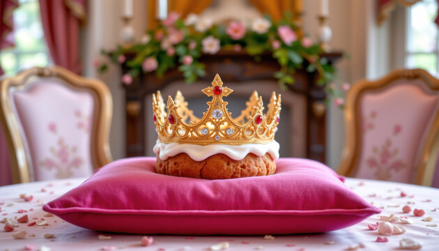 realistic image of a cinnamon roll crown placed on a velvet pillow
