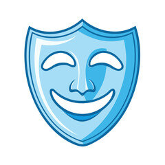 Obraz premium Smiling blue theatrical mask featuring a happy expression and cartoon graphic style isolated on white background