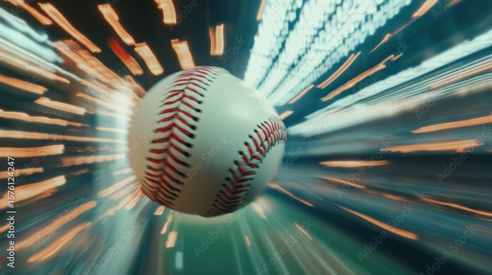 Poster dynamic baseball hurtling through time warp with motion blur and intense visual