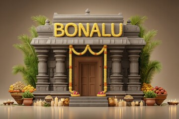 Bonalu temple facade with floral garland, offerings, and candles in a studio setting illustration