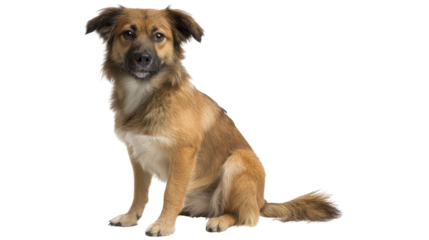 A friendly mixed-breed dog sitting, looking curiously, isolated on a white background.