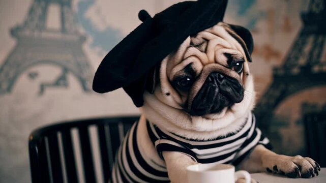 A pug dressed in a striped shirt and beret relaxes at a small table in a cafe, sipping espresso