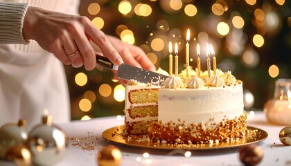 Woman cuts a layered Christmas cake with candles