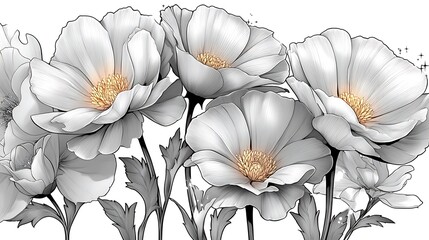 Beautiful White Flowers with Delicate Petals and Center Details on Light Background